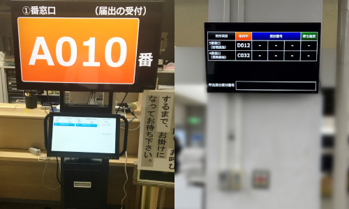 左/発券機の上に設置の表示器（呼び出し中）、右/職員様側の表示器（左と右に窓口有